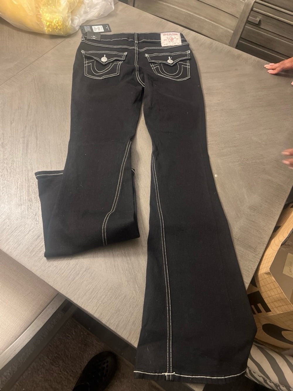 True Religion Black Flare Jeans with White Contrast Stitching